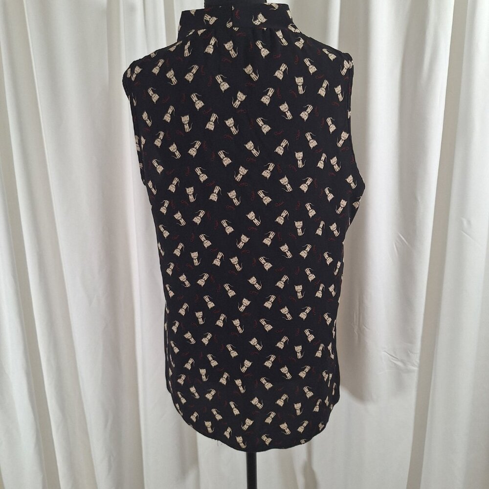 Jessie B Cat Print Tie-Neck Blouse XL Black Cream Retro Office Casual Top - Picture 4 of 16